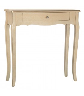 Consola art decó dorada con cajón y tirador de cristal transparente.