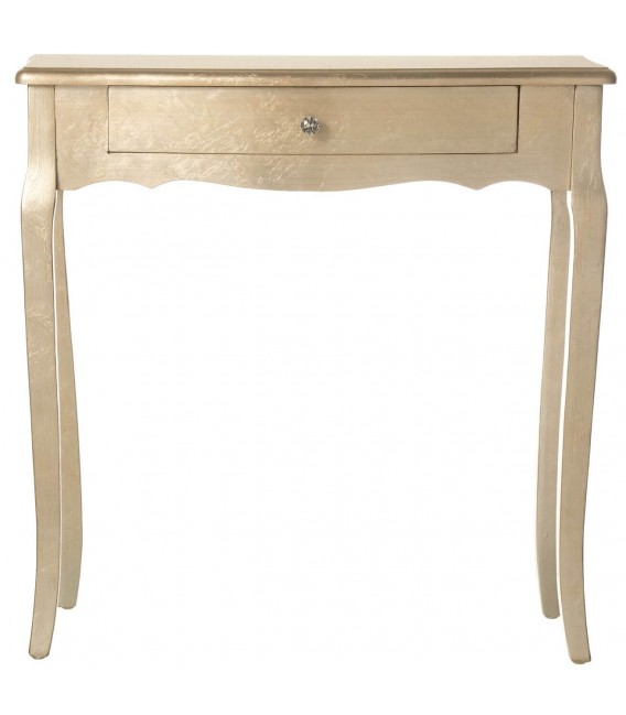 Consola art decó dorada con cajón y tirador de cristal transparente. 1