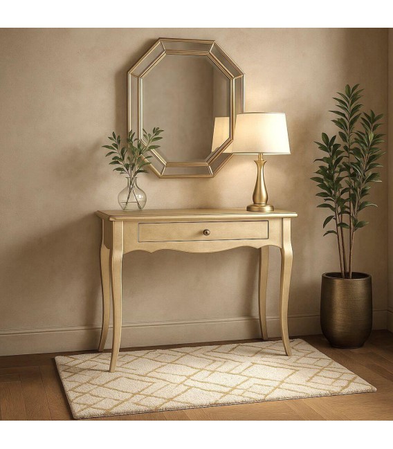 Consola art decó dorada con cajón y tirador de cristal transparente Mdmhogar