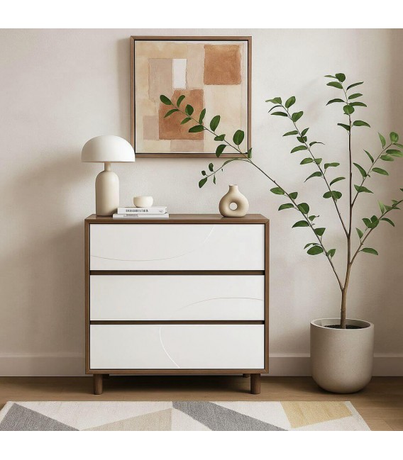 Cómoda pequeña madera color nogal cajones lacados en blanco Mdmhogar