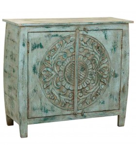 Taquillón clásico con puertas en madera tallada turquesa rozado