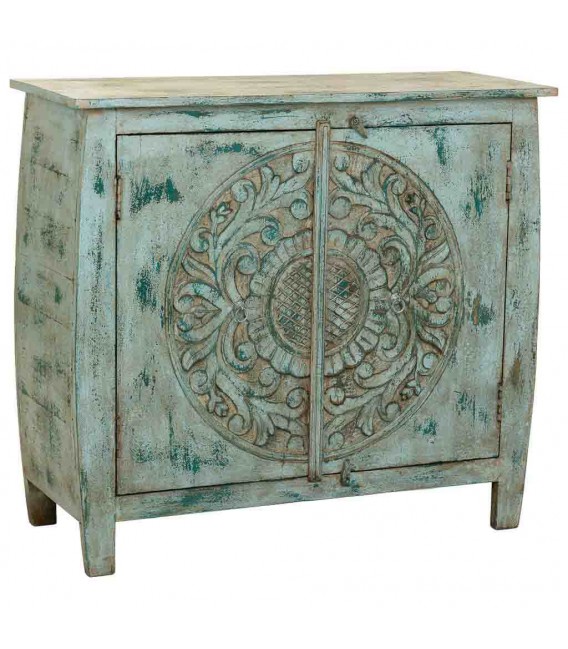 Taquillón clásico con puertas en madera tallada turquesa rozado