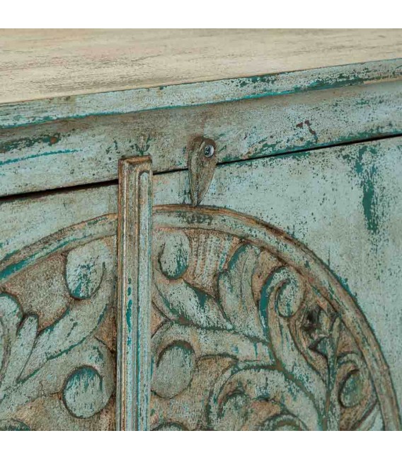 Taquillón clásico con puertas en madera tallada turquesa rozado7