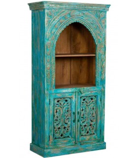 Estantería étnica alta con puertas en madera tallada turquesa
