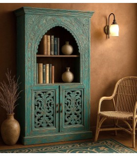 Estantería étnica alta con puertas en madera tallada turquesa Mdmhogar