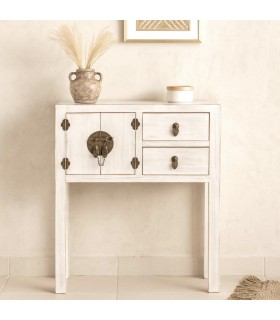 Consola oriental blanca con herrajes bronce y aire exótico Mdmhogar