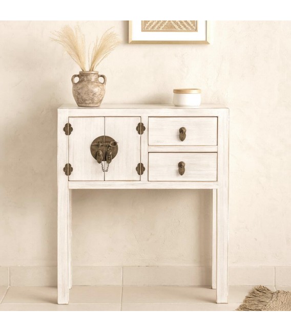 Consola oriental blanca con herrajes bronce y aire exótico Mdmhogar