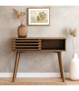 Consola nórdica madera natural con puerta corredera frontal Mdmhogar