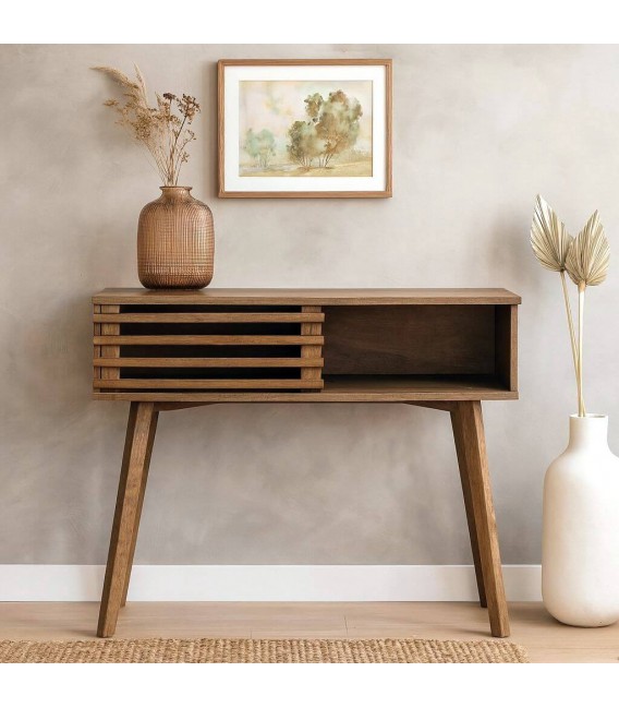 Consola nórdica madera natural con puerta corredera frontal Mdmhogar