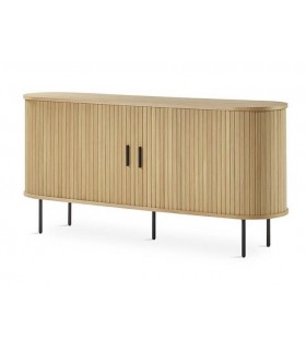 Aparador moderno de roble natural con patas negras de metal.