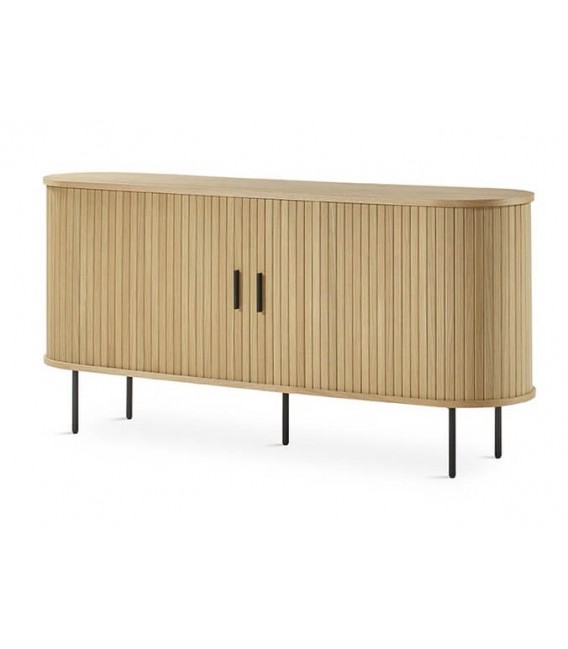 Aparador moderno de roble natural con patas negras de metal.