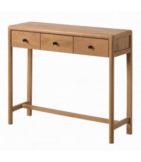 Consola de madera maciza natural con tres cajones, estilo boho.