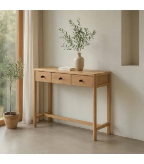 Consola de madera maciza natural con tres cajones, estilo boho. Mdmhogar