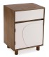 Mesita de noche compacta con puerta y cajón en blanco y nogal.