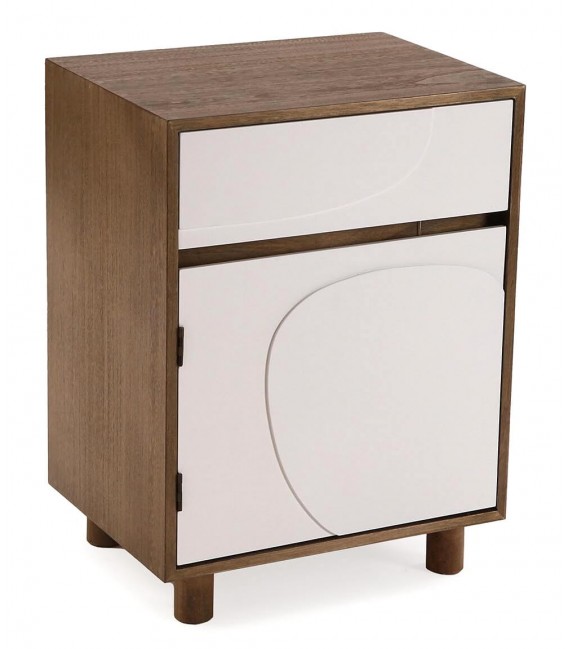 Mesita de noche compacta con puerta y cajón en blanco y nogal.