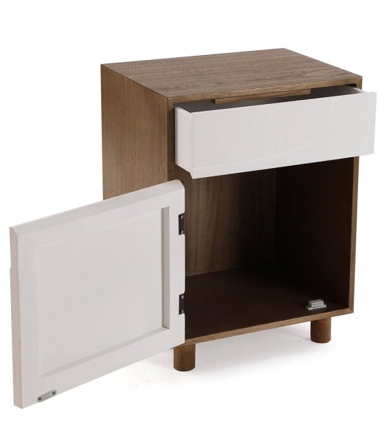 Mesita de noche compacta con puerta y cajón en blanco y nogal. 2