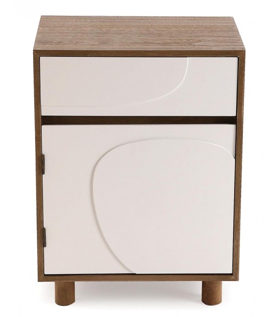 Mesita de noche compacta con puerta y cajón en blanco y nogal. 1