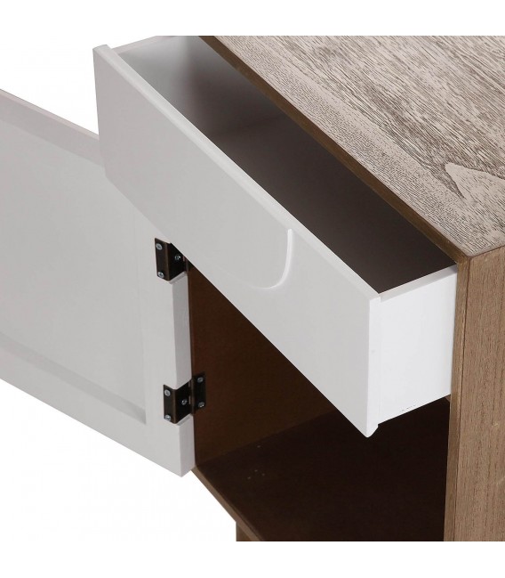Mesita de noche compacta con puerta y cajón en blanco y nogal. 4