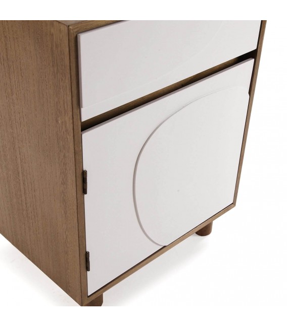 Mesita de noche compacta con puerta y cajón en blanco y nogal. 3