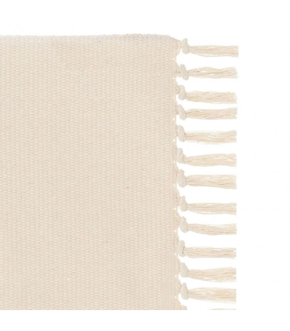 Alfombra boho con triángulos marrón ocre y blanco roto. 2