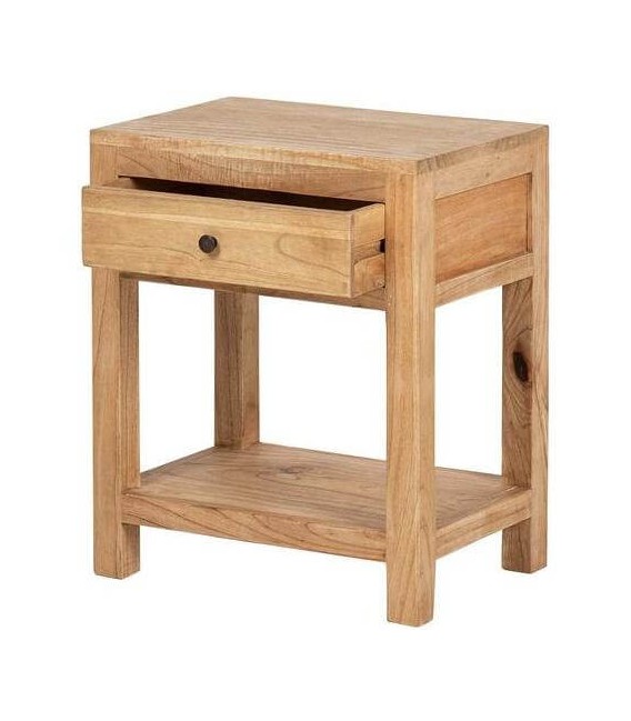 Mesita boho en madera mindi natural con cajón y tirador bronce. 2
