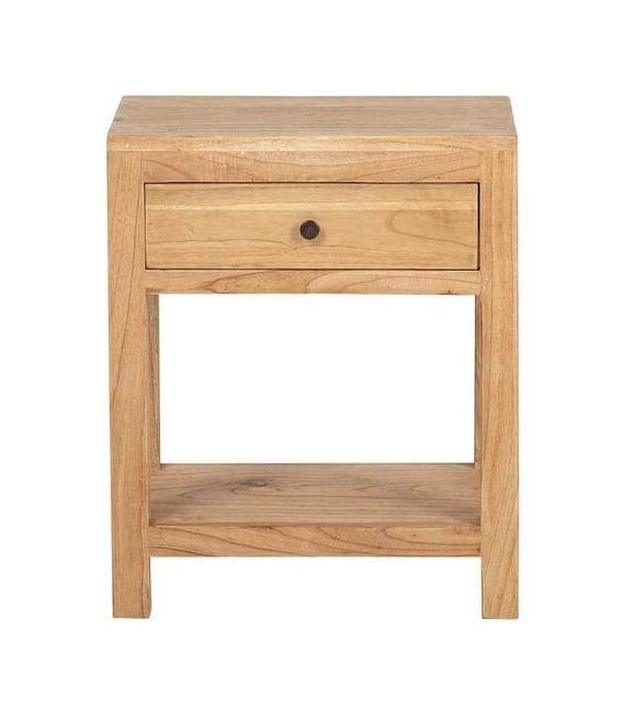 Mesita boho en madera mindi natural con cajón y tirador bronce. 1