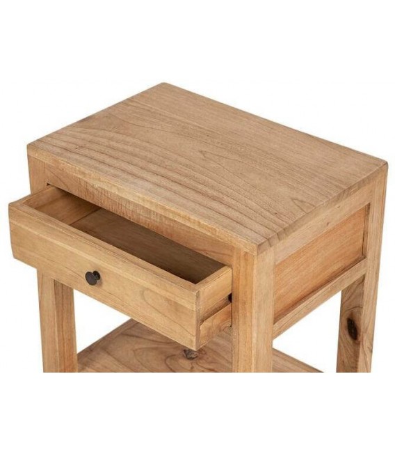 Mesita boho en madera mindi natural con cajón y tirador bronce. 5