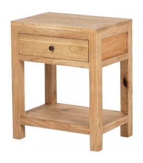 Mesita boho en madera mindi natural con cajón y tirador bronce.