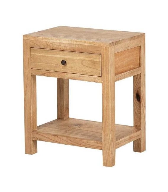 Mesita boho en madera mindi natural con cajón y tirador bronce.