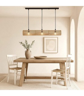 Lámpara boho de cuerda natural y metal negro con tres luces. Mdmhogar