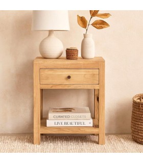 Mesita boho en madera mindi natural con cajón y tirador bronce Mdmhogar