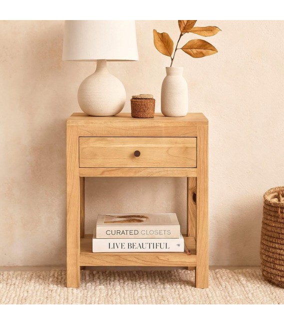 Mesita boho en madera mindi natural con cajón y tirador bronce Mdmhogar