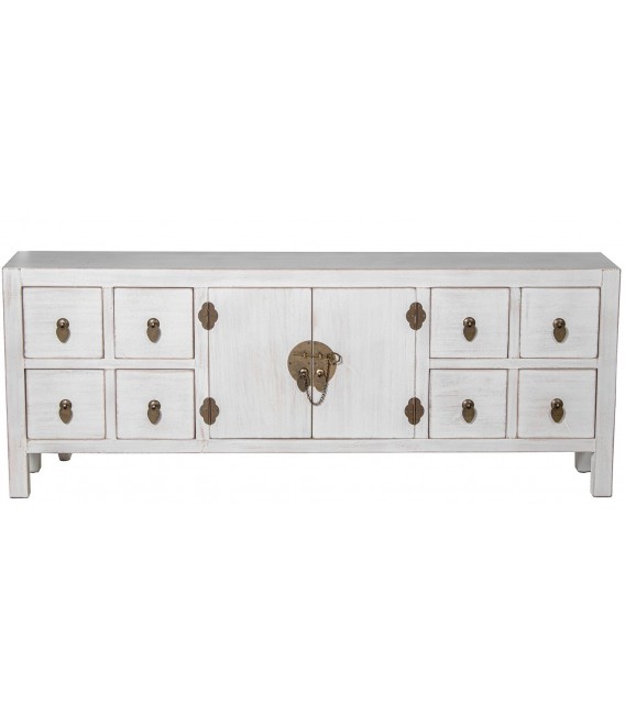 Mueble TV oriental con puertas y cajones en madera blanqueada. 1