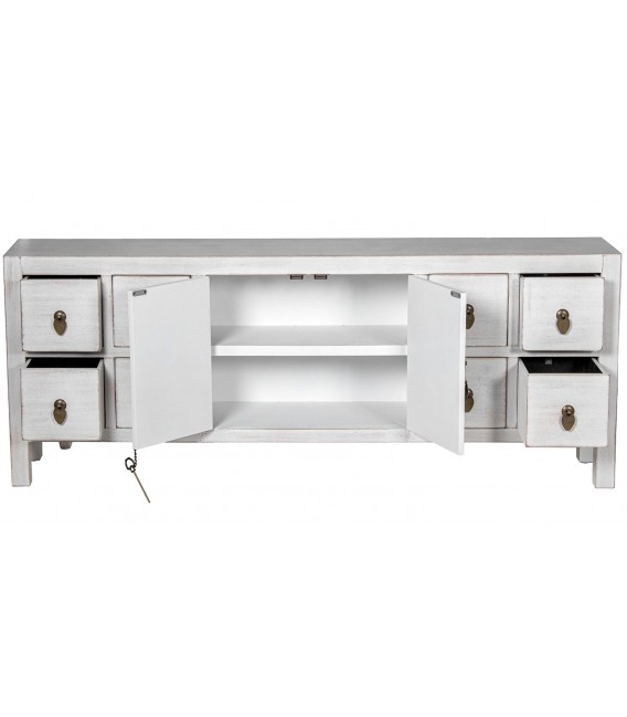 Mueble TV oriental con puertas y cajones en madera blanqueada. 2