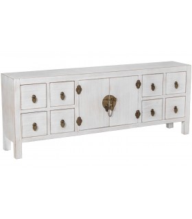 Mueble TV oriental con puertas y cajones en madera blanqueada.