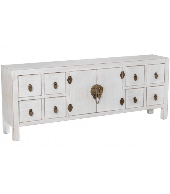 Mueble TV oriental con puertas y cajones en madera blanqueada.