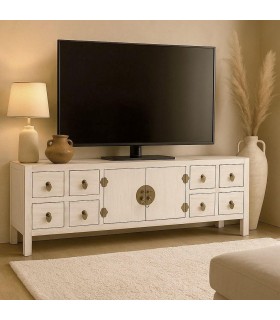 Mueble TV oriental con puertas y cajones en madera blanqueada.  Mdmhogar