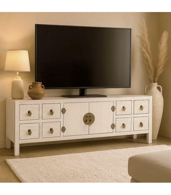 Mueble TV oriental con puertas y cajones en madera blanqueada.  Mdmhogar