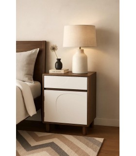 Mesita de noche compacta con puerta y cajón en blanco y nogal. Mdmhogar