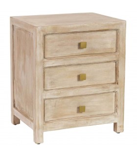 Mesita boho 3 cajones madera mango natural crema y dorado.