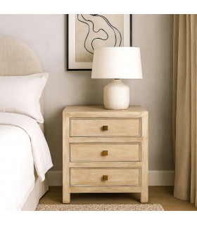 Mesita boho 3 cajones madera mango natural crema y dorado. Mdmhogar