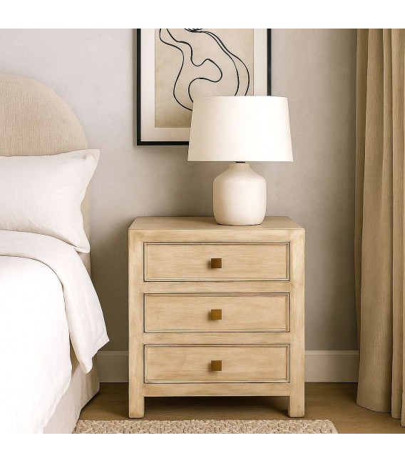 Mesita boho 3 cajones madera mango natural crema y dorado. Mdmhogar