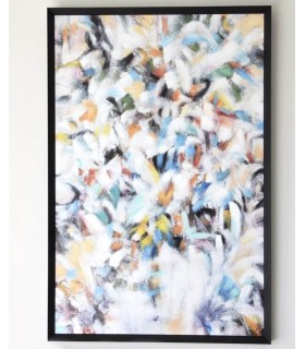 Cuadro vertical abstracto acrílico multicolor marco negro.