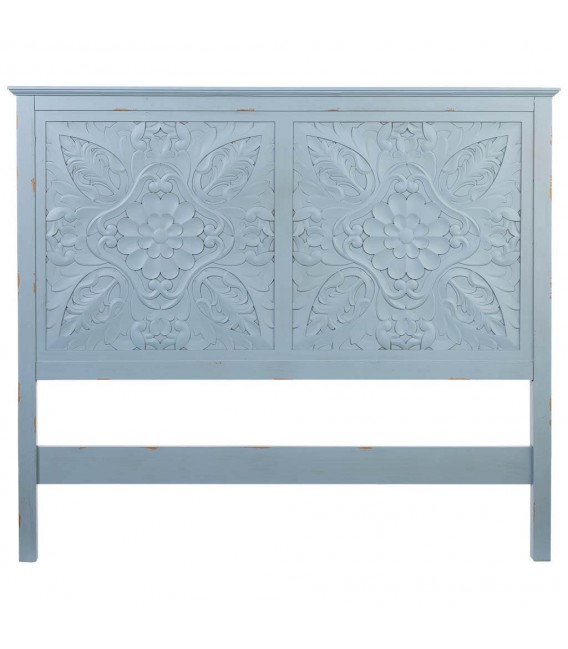 Cabecero matrimonio pino tallado azul rozado provenzal. 1