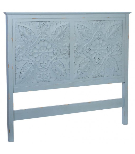 Cabecero matrimonio pino tallado azul rozado provenzal.