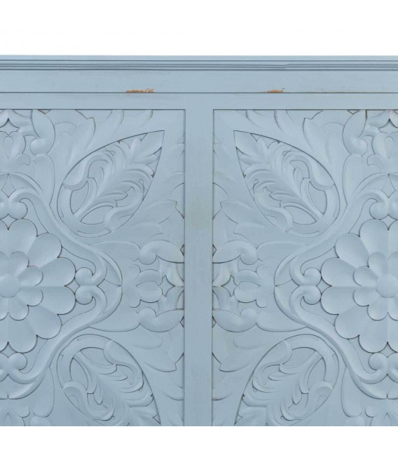 Cabecero matrimonio pino tallado azul rozado provenzal. 4