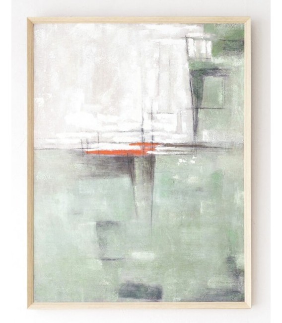 Cuadro abstracto vertical grande en lienzo verde con marco natural.