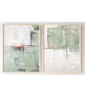 Cuadro abstracto vertical grande en lienzo verde con marco natural. 3