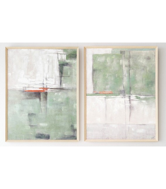 Cuadro abstracto vertical grande en lienzo verde con marco natural. 3