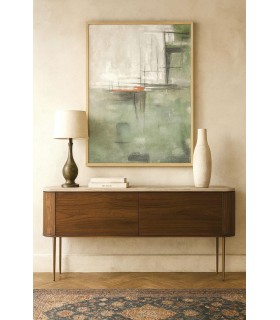 Cuadro abstracto vertical grande en lienzo verde con marco natural. Mdmhogar